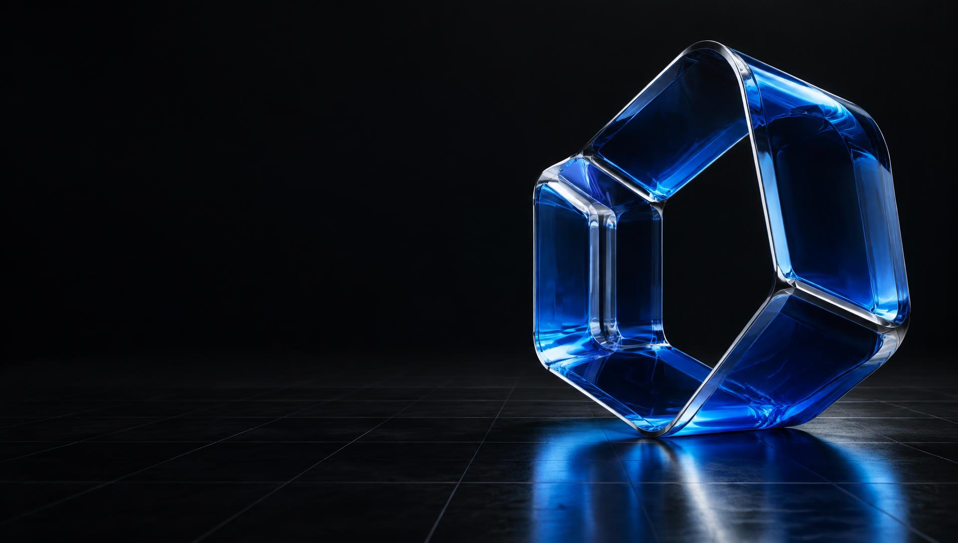 Estrutura de vidro azul com precisão geométrica e reflexos ciano